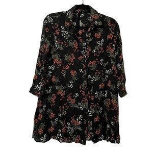 Zara Black Floral Print Button Down Shirt Tunic Womens XS Ruffled Romantic
